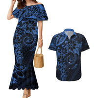 Polynesian Sunset Plumeria Couples Matching Mermaid Dress and Hawaiian Shirt Navy Polynesian Tattoo LT05 Navy - Polynesian Pride