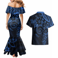 Polynesian Sunset Plumeria Couples Matching Mermaid Dress and Hawaiian Shirt Navy Polynesian Tattoo LT05 - Polynesian Pride