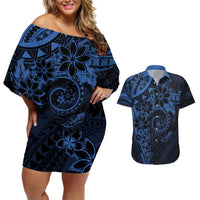 Polynesian Sunset Plumeria Couples Matching Off Shoulder Short Dress and Hawaiian Shirt Navy Polynesian Tattoo LT05 Navy - Polynesian Pride