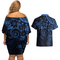 Polynesian Sunset Plumeria Couples Matching Off Shoulder Short Dress and Hawaiian Shirt Navy Polynesian Tattoo LT05 - Polynesian Pride