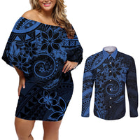 Polynesian Sunset Plumeria Couples Matching Off Shoulder Short Dress and Long Sleeve Button Shirt Navy Polynesian Tattoo LT05 Navy - Polynesian Pride