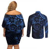 Polynesian Sunset Plumeria Couples Matching Off Shoulder Short Dress and Long Sleeve Button Shirt Navy Polynesian Tattoo LT05 - Polynesian Pride