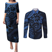 Polynesian Sunset Plumeria Couples Matching Puletasi and Long Sleeve Button Shirt Navy Polynesian Tattoo LT05 Navy - Polynesian Pride