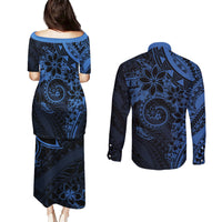 Polynesian Sunset Plumeria Couples Matching Puletasi and Long Sleeve Button Shirt Navy Polynesian Tattoo LT05 - Polynesian Pride
