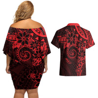 Polynesian Sunset Plumeria Couples Matching Off Shoulder Short Dress and Hawaiian Shirt Red Polynesian Tattoo