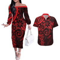 Polynesian Sunset Plumeria Couples Matching Off The Shoulder Long Sleeve Dress and Hawaiian Shirt Red Polynesian Tattoo
