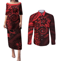 Polynesian Sunset Plumeria Couples Matching Puletasi and Long Sleeve Button Shirt Red Polynesian Tattoo LT05 Red - Polynesian Pride