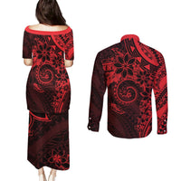 Polynesian Sunset Plumeria Couples Matching Puletasi and Long Sleeve Button Shirt Red Polynesian Tattoo LT05 - Polynesian Pride