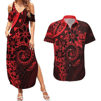 Polynesian Sunset Plumeria Couples Matching Summer Maxi Dress and Hawaiian Shirt Red Polynesian Tattoo