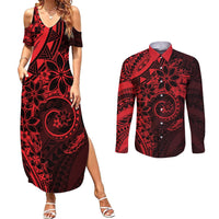 Polynesian Sunset Plumeria Couples Matching Summer Maxi Dress and Long Sleeve Button Shirt Red Polynesian Tattoo