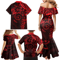 Polynesian Sunset Plumeria Family Matching Mermaid Dress and Hawaiian Shirt Red Polynesian Tattoo