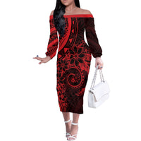 Polynesian Sunset Plumeria Family Matching Off The Shoulder Long Sleeve Dress and Hawaiian Shirt Red Polynesian Tattoo