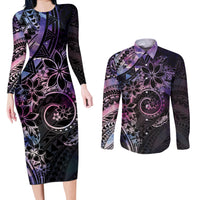 Polynesian Sunset Plumeria Couples Matching Long Sleeve Bodycon Dress and Long Sleeve Button Shirt Galaxy Polynesian Tattoo