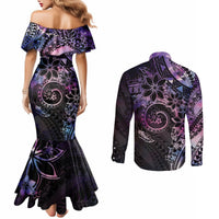 Polynesian Sunset Plumeria Couples Matching Mermaid Dress and Long Sleeve Button Shirt Galaxy Polynesian Tattoo