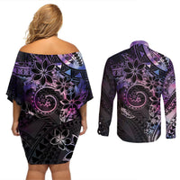 Polynesian Sunset Plumeria Couples Matching Off Shoulder Short Dress and Long Sleeve Button Shirt Galaxy Polynesian Tattoo