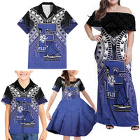Custom Fiji Drua Family Matching Off Shoulder Maxi Dress and Hawaiian Shirt Fijian Tapa Pattern