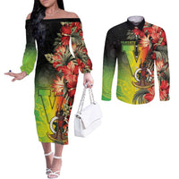 Aboriginal Dot Art Vanuatu Personalised Couples Matching Off The Shoulder Long Sleeve Dress and Long Sleeve Button Shirt Tropical Flowers LT05 Reggae - Polynesian Pride