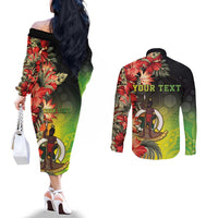 Aboriginal Dot Art Vanuatu Personalised Couples Matching Off The Shoulder Long Sleeve Dress and Long Sleeve Button Shirt Tropical Flowers LT05 - Polynesian Pride