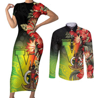 Aboriginal Dot Art Vanuatu Personalised Couples Matching Short Sleeve Bodycon Dress and Long Sleeve Button Shirt Tropical Flowers LT05 Reggae - Polynesian Pride