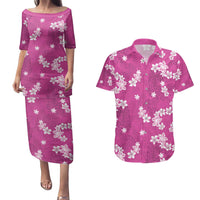 Hawaii Monstera Deliciosa Couples Matching Puletasi and Hawaiian Shirt Pink Plumeria Polynesian Pattern - Polynesian Pride