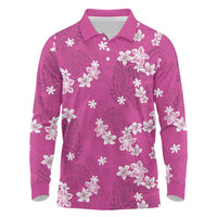 Hawaii Monstera Deliciosa Long Sleeve Polo Shirt Pink Plumeria Polynesian Pattern - Polynesian Pride