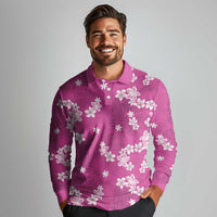 Hawaii Monstera Deliciosa Long Sleeve Polo Shirt Pink Plumeria Polynesian Pattern - Polynesian Pride