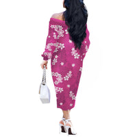 Hawaii Monstera Deliciosa Off The Shoulder Long Sleeve Dress Pink Plumeria Polynesian Pattern - Polynesian Pride