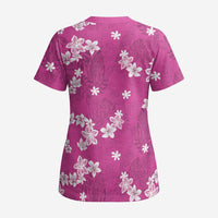 Hawaii Monstera Deliciosa Scrub Top Pink Plumeria Polynesian Pattern - Polynesian Pride