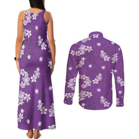 Hawaii Monstera Deliciosa Couples Matching Tank Maxi Dress and Long Sleeve Button Shirt Purple Plumeria Polynesian Pattern - Polynesian Pride