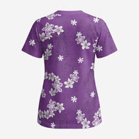 Hawaii Monstera Deliciosa Scrub Top Purple Plumeria Polynesian Pattern - Polynesian Pride
