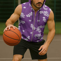 Hawaii Monstera Deliciosa Sleeveless Zip Hoodie Purple Plumeria Polynesian Pattern - Polynesian Pride