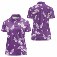 Hawaii Monstera Deliciosa Women Polo Shirt Purple Plumeria Polynesian Pattern - Polynesian Pride