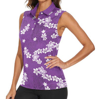Hawaii Monstera Deliciosa Women Sleeveless Polo Shirt Purple Plumeria Polynesian Pattern - Polynesian Pride