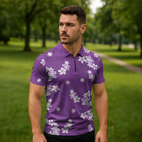 Hawaii Monstera Deliciosa Zipper Polo Shirt Purple Plumeria Polynesian Pattern LT05 - Polynesian Pride