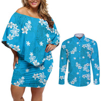 Hawaii Monstera Deliciosa Couples Matching Off Shoulder Short Dress and Long Sleeve Button Shirt Blue Plumeria Polynesian Pattern - Polynesian Pride