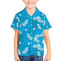 Hawaii Monstera Deliciosa Family Matching Long Sleeve Bodycon Dress and Hawaiian Shirt Blue Plumeria Polynesian Pattern - Polynesian Pride