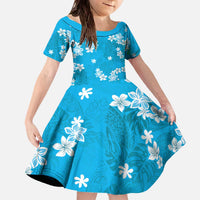 Hawaii Monstera Deliciosa Family Matching Off The Shoulder Long Sleeve Dress and Hawaiian Shirt Blue Plumeria Polynesian Pattern - Polynesian Pride