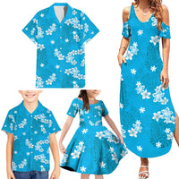 Hawaii Monstera Deliciosa Family Matching Summer Maxi Dress and Hawaiian Shirt Blue Plumeria Polynesian Pattern - Polynesian Pride