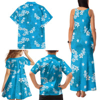 Hawaii Monstera Deliciosa Family Matching Tank Maxi Dress and Hawaiian Shirt Blue Plumeria Polynesian Pattern - Polynesian Pride