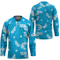 Hawaii Monstera Deliciosa Hockey Jersey Blue Plumeria Polynesian Pattern - Polynesian Pride