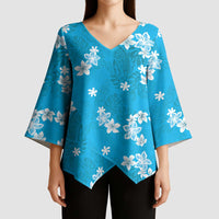 Hawaii Monstera Deliciosa Kimono Sleeve Blouse Blue Plumeria Polynesian Pattern - Polynesian Pride