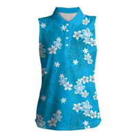Hawaii Monstera Deliciosa Women Sleeveless Polo Shirt Blue Plumeria Polynesian Pattern - Polynesian Pride