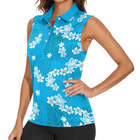 Hawaii Monstera Deliciosa Women Sleeveless Polo Shirt Blue Plumeria Polynesian Pattern - Polynesian Pride