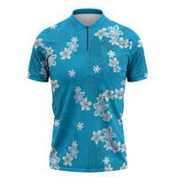 Hawaii Monstera Deliciosa Zipper Polo Shirt Blue Plumeria Polynesian Pattern - Polynesian Pride