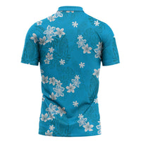 Hawaii Monstera Deliciosa Zipper Polo Shirt Blue Plumeria Polynesian Pattern - Polynesian Pride