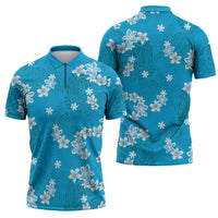 Hawaii Monstera Deliciosa Zipper Polo Shirt Blue Plumeria Polynesian Pattern - Polynesian Pride