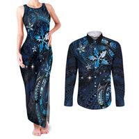 Hawaii Makahiki Season Couples Matching Tank Maxi Dress and Long Sleeve Button Shirt Floral Tribal Tattoo Blue Galaxy