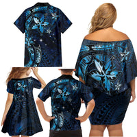 Hawaii Makahiki Season Family Matching Off Shoulder Short Dress and Hawaiian Shirt Floral Tribal Tattoo Blue Galaxy