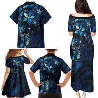 Hawaii Makahiki Season Family Matching Puletasi and Hawaiian Shirt Floral Tribal Tattoo Blue Galaxy