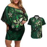 Hawaii Makahiki Season Couples Matching Off Shoulder Short Dress and Hawaiian Shirt Floral Tribal Tattoo Green Galaxy